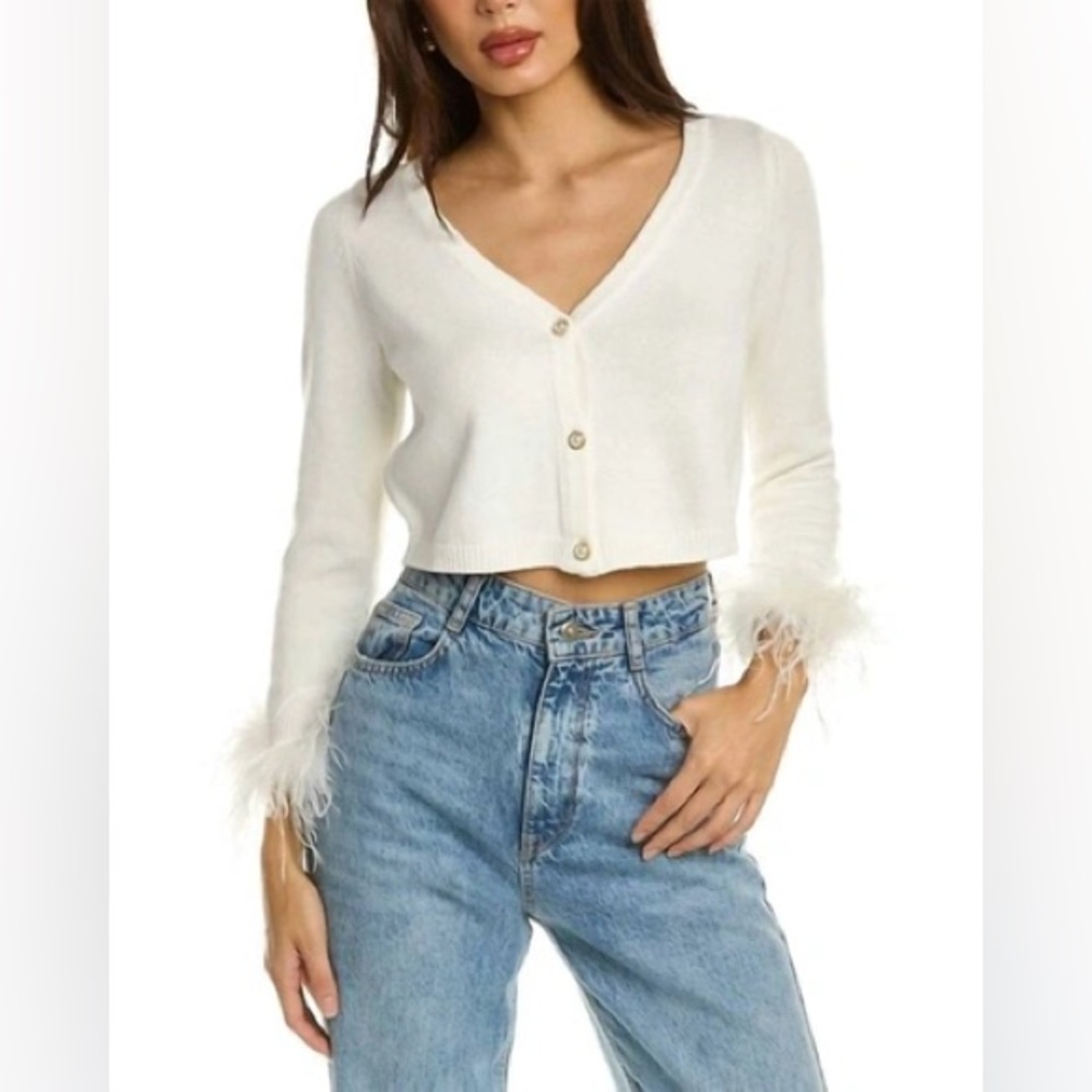 Amanda Uprichard Women's White Feather-Trim Cardigan